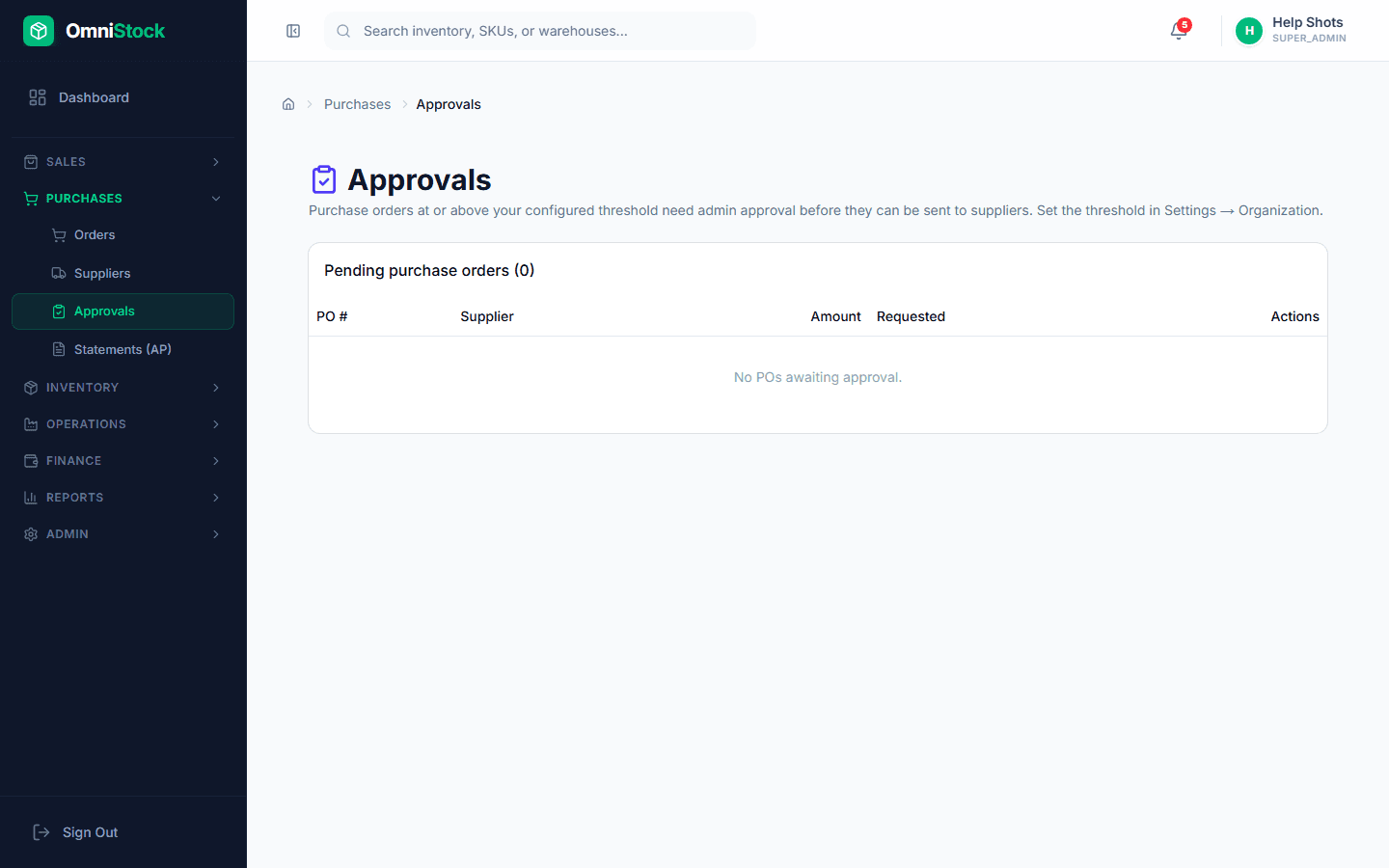 Require approval for large POs — screenshot of the feature