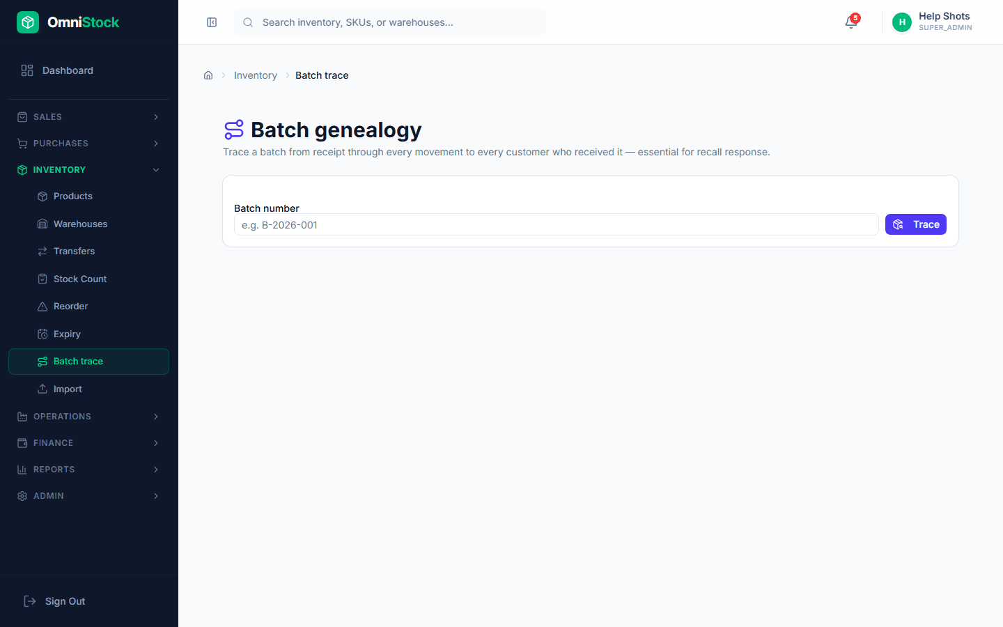 Trace a batch from GRN to customer — screenshot of the feature