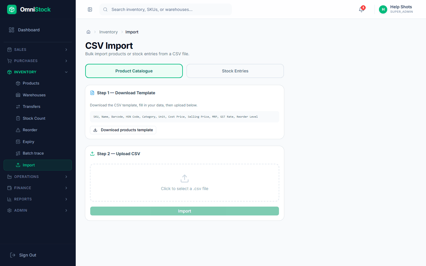 Bulk import products from Excel or Tally — screenshot of the feature