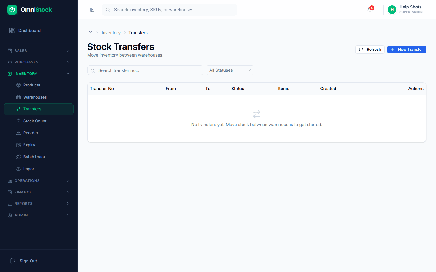 Move stock between warehouses — screenshot of the feature